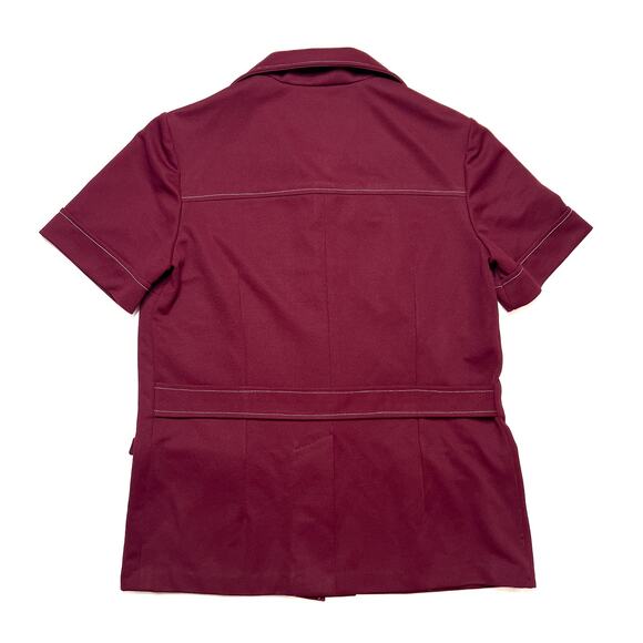 Vintage 70s Leisure Shirt Jacket Maroon Short Sleeve Accent Stitch Dagger Collar - Picture 3 of 7